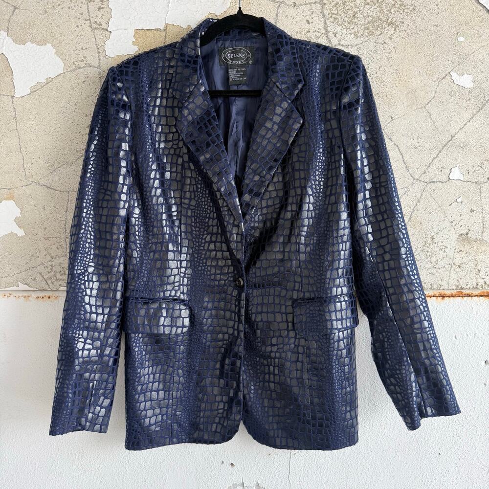 Vtg 90s Blazer Crocodile Embossed‎ Blue Faux Croc Jacket Womens M Selene Sport